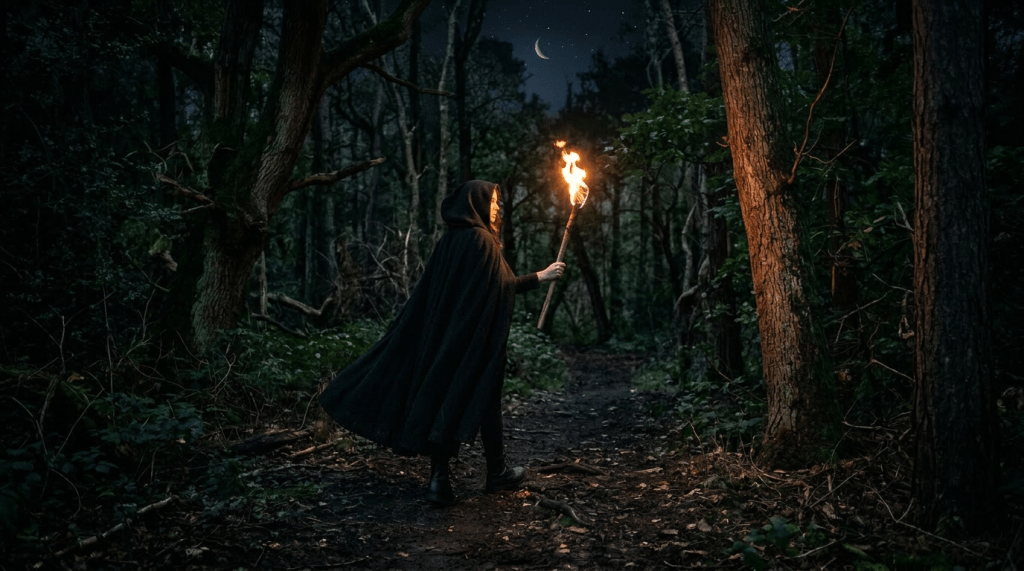 Person wearing a dark cloak holding a burning torch walking through a forest at night