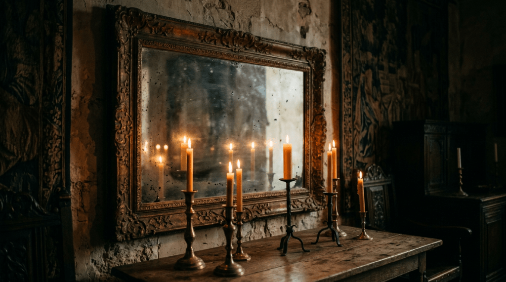 Seven lit candles in brass and iron candlesticks on a wooden table with an ornate vintage mirror behind them.
