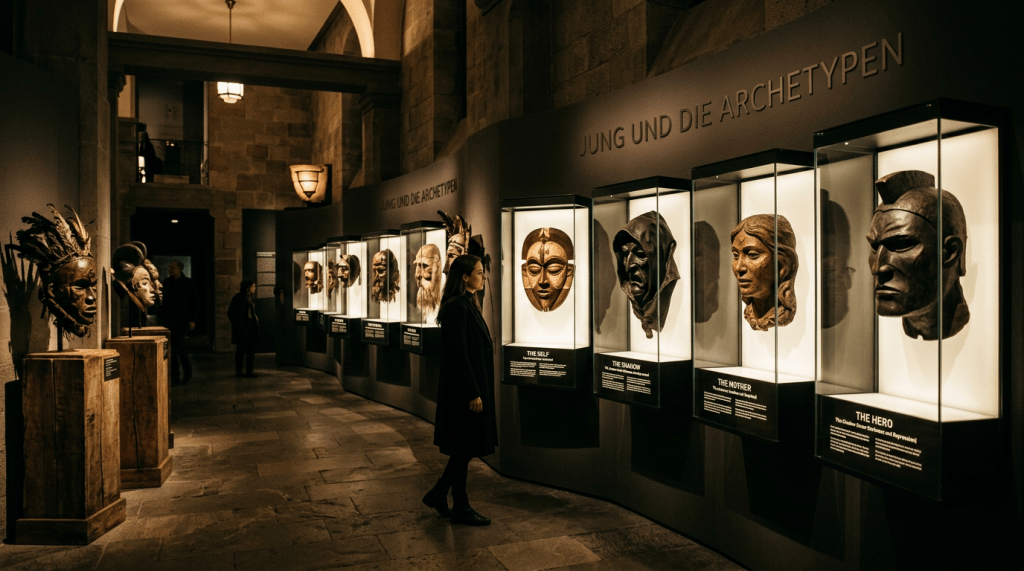 Display of Jungian archetype masks including The Self, The Shadow, The Mother, and The Hero