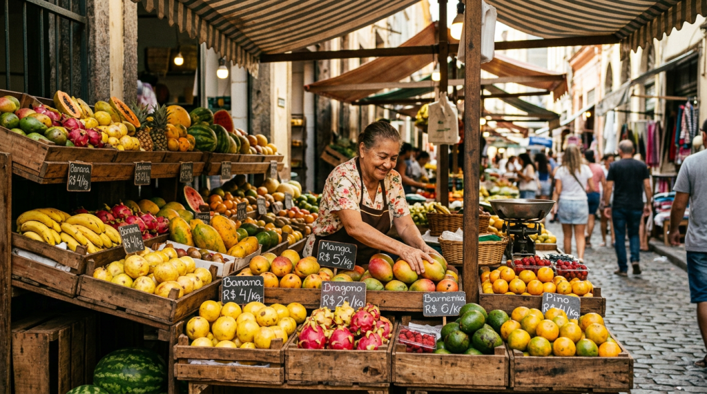 Vendor arranging mangoes and various fresh fruits at a busy outdoor market stall